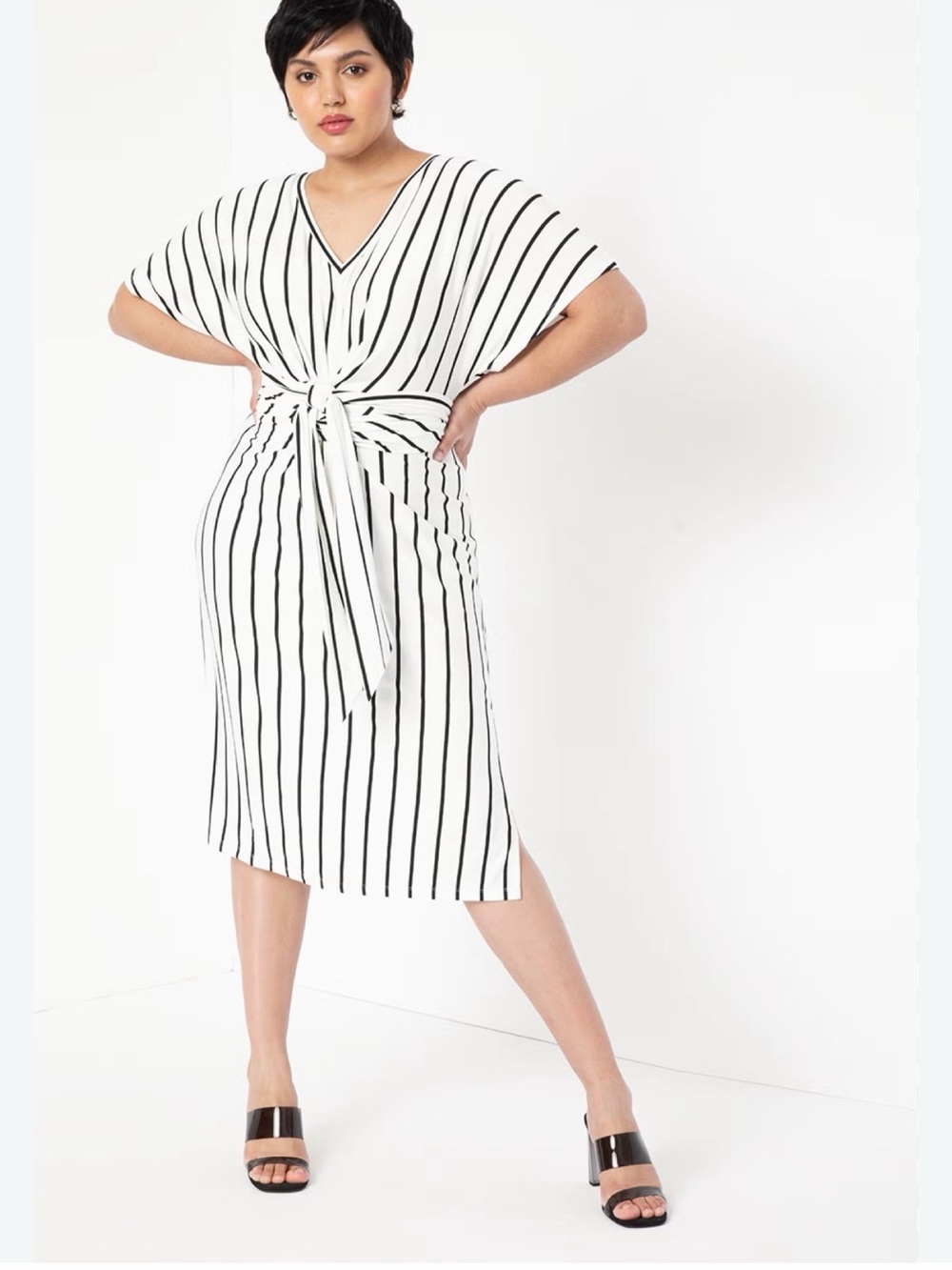 Eloquii White Midi Dress with Black Vertical Stripes